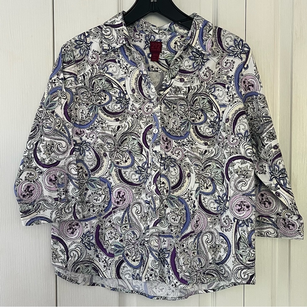 212 Collection Petite XL Multicolor 3/4 Sleeve Button Down Shirt, Stretch